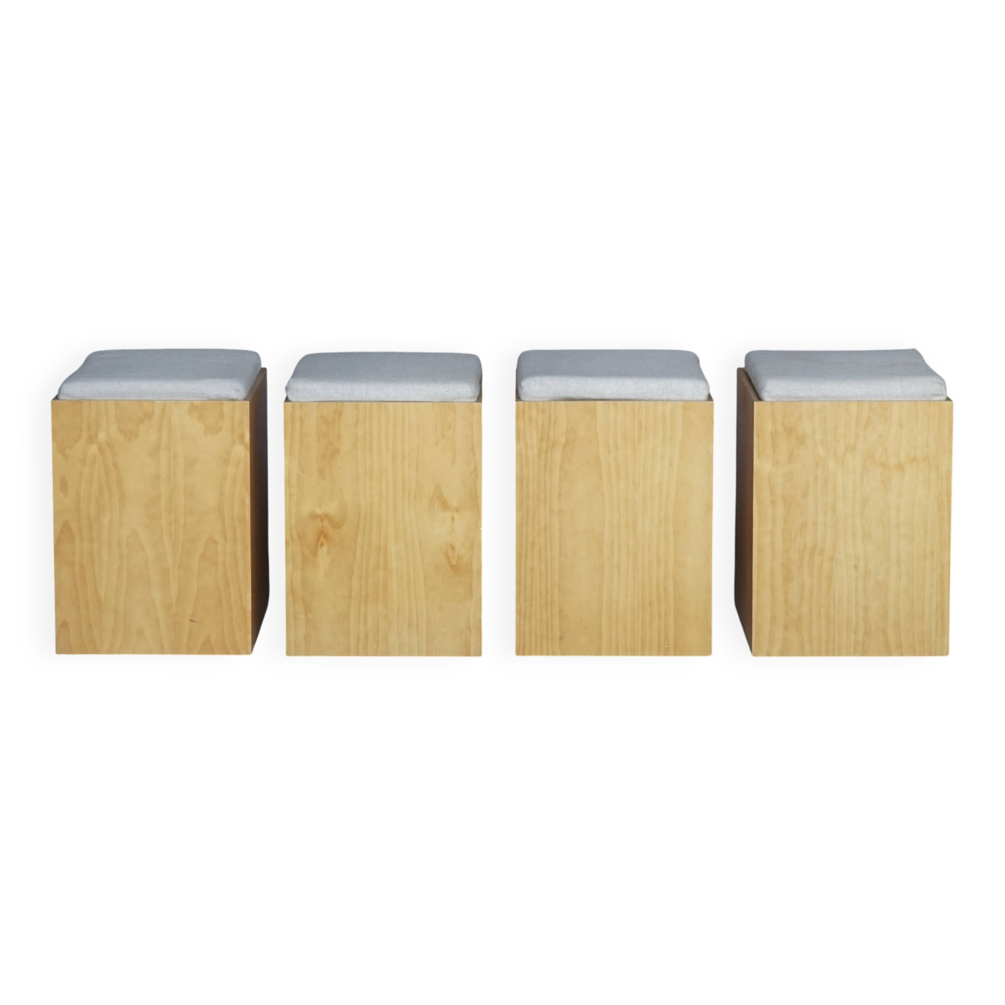 Tabourets en contreplaqué vintage avec coussins gris, années 1990, ensemble de 4