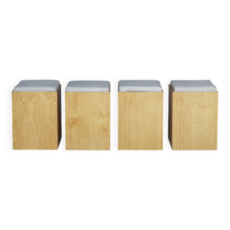 Vintage Plywood Stools with Grey Cushions, 1990s, Set of 4