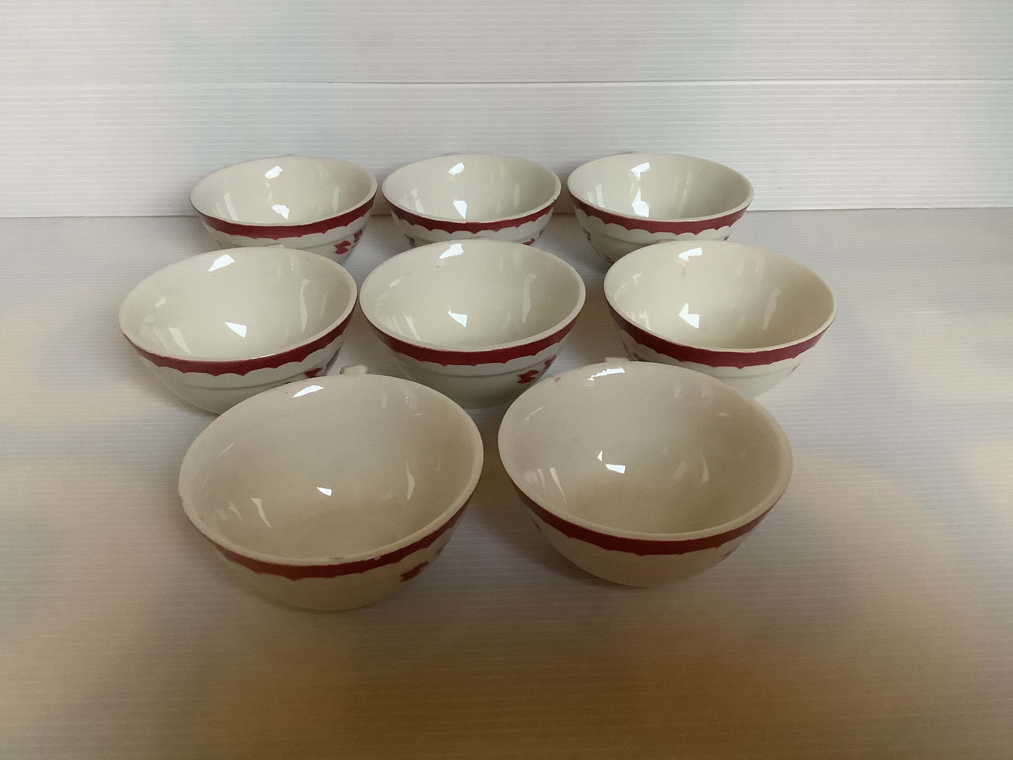 8 old earthenware cups with garnet flowers stenciled