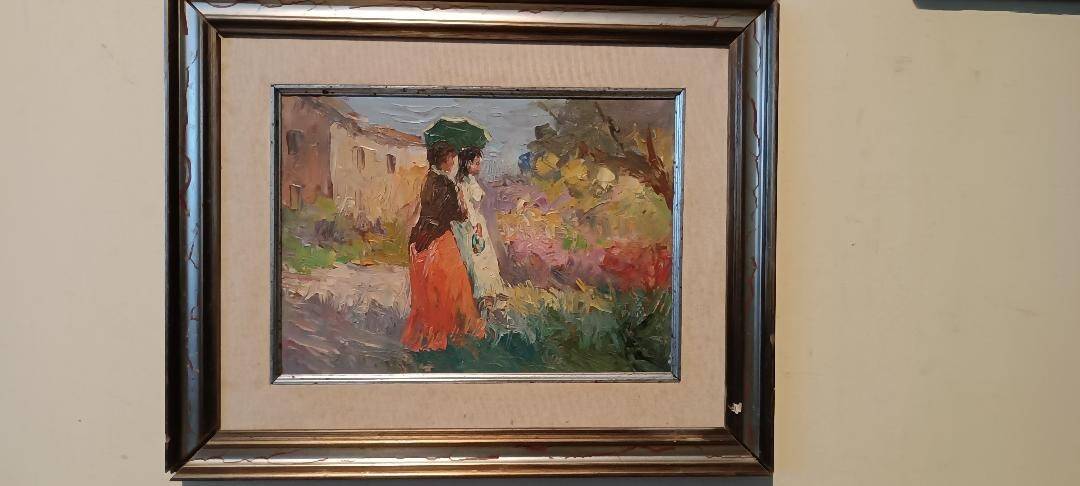 Oil painting of figures on panel in the Impressionist style from the 50s/60s.