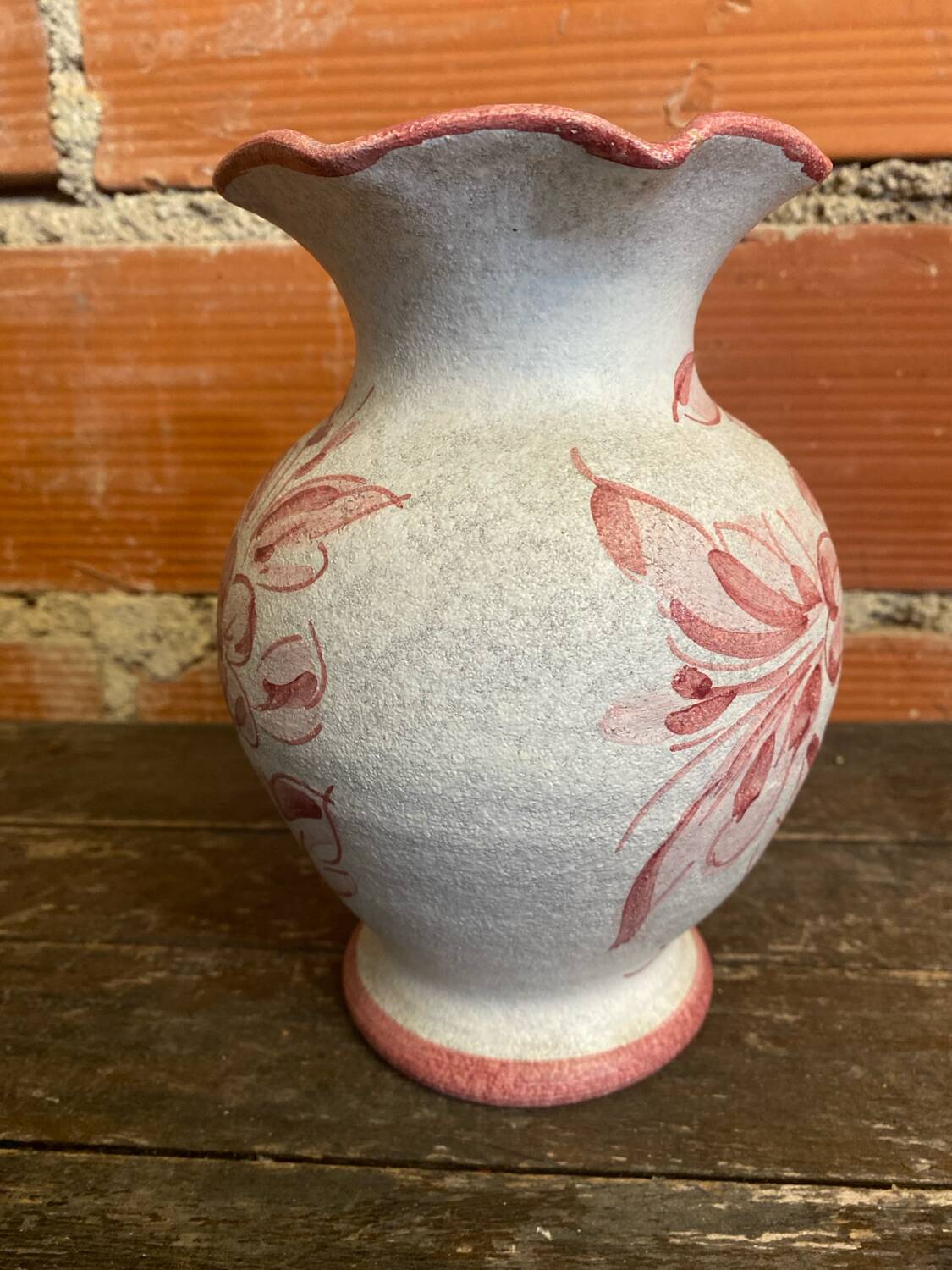 Vintage White Ceramic Vase with Pink Flower Decoration Made in Italy