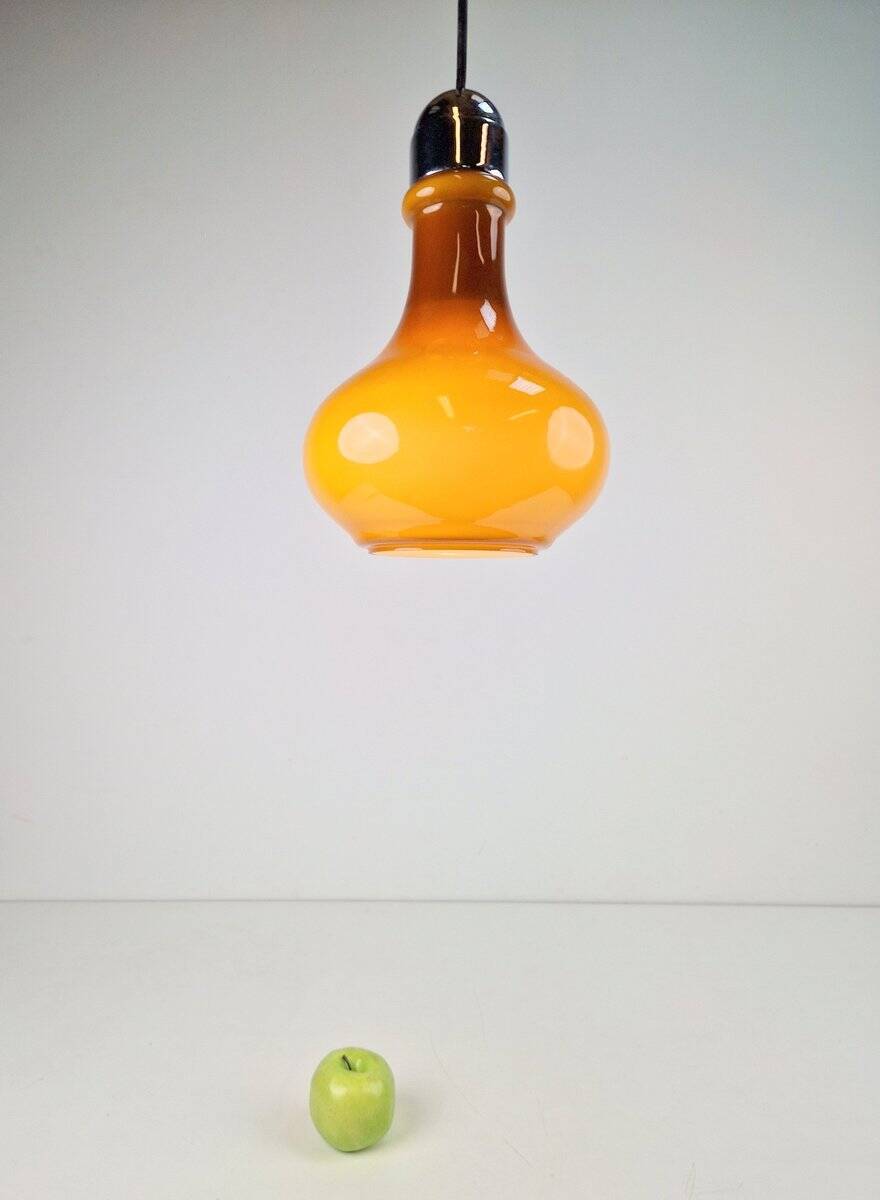 Vintage Scandinavian Drop Pendant Lamp in Brown Opal Glass and Chrome from Peill & Putzler, 1960s