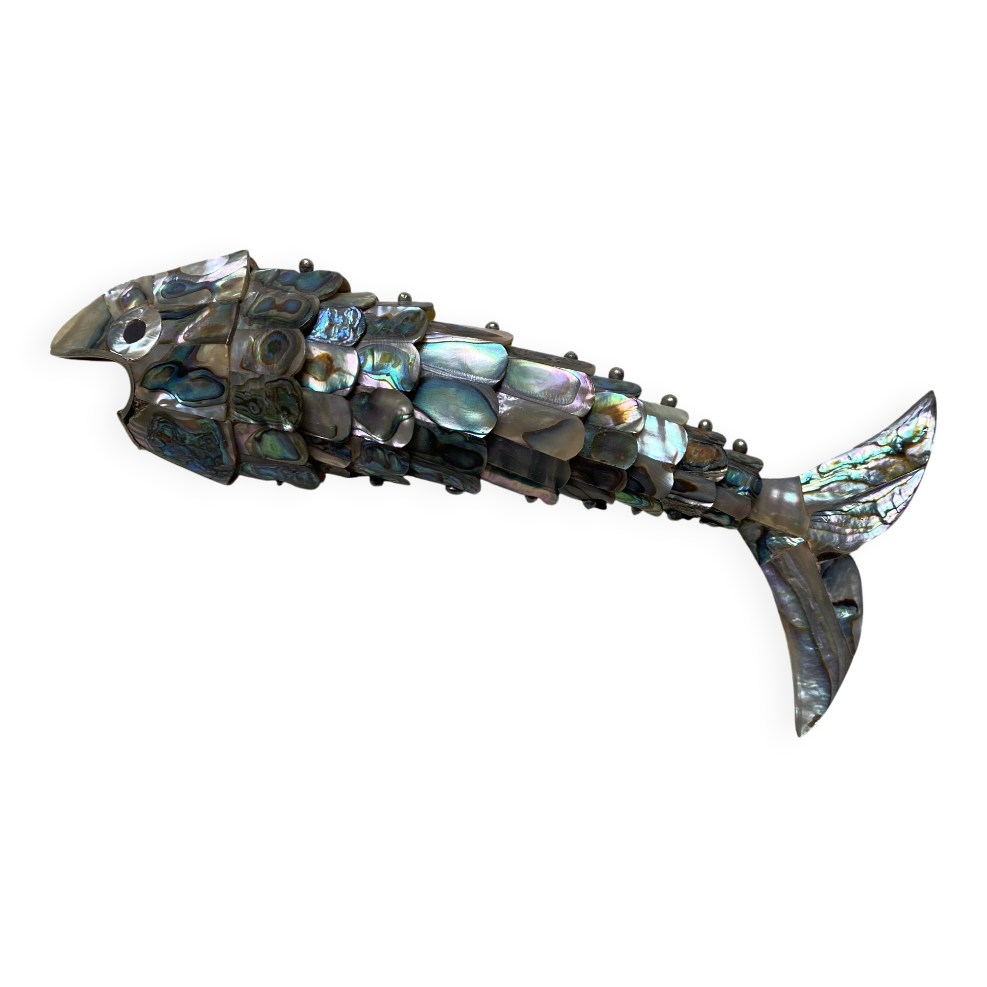 Fish-shaped bottle opener made of seashell and brass, 1970s