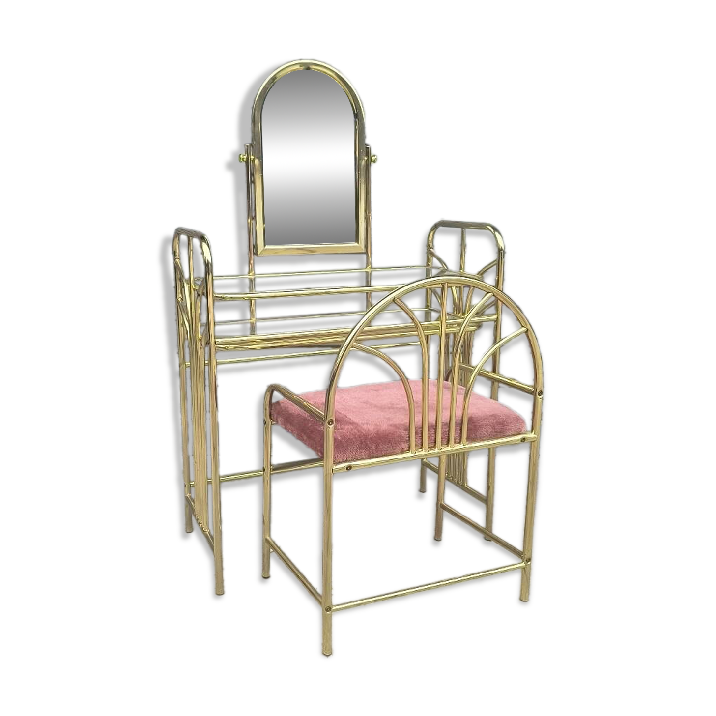 Gold metal dressing table and seat, Italy 1980
