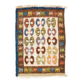 Tapis d'accent turc Tulu vintage unique en son genre, noué à la main, avec des motifs géométriques colorés, 100 % laine.