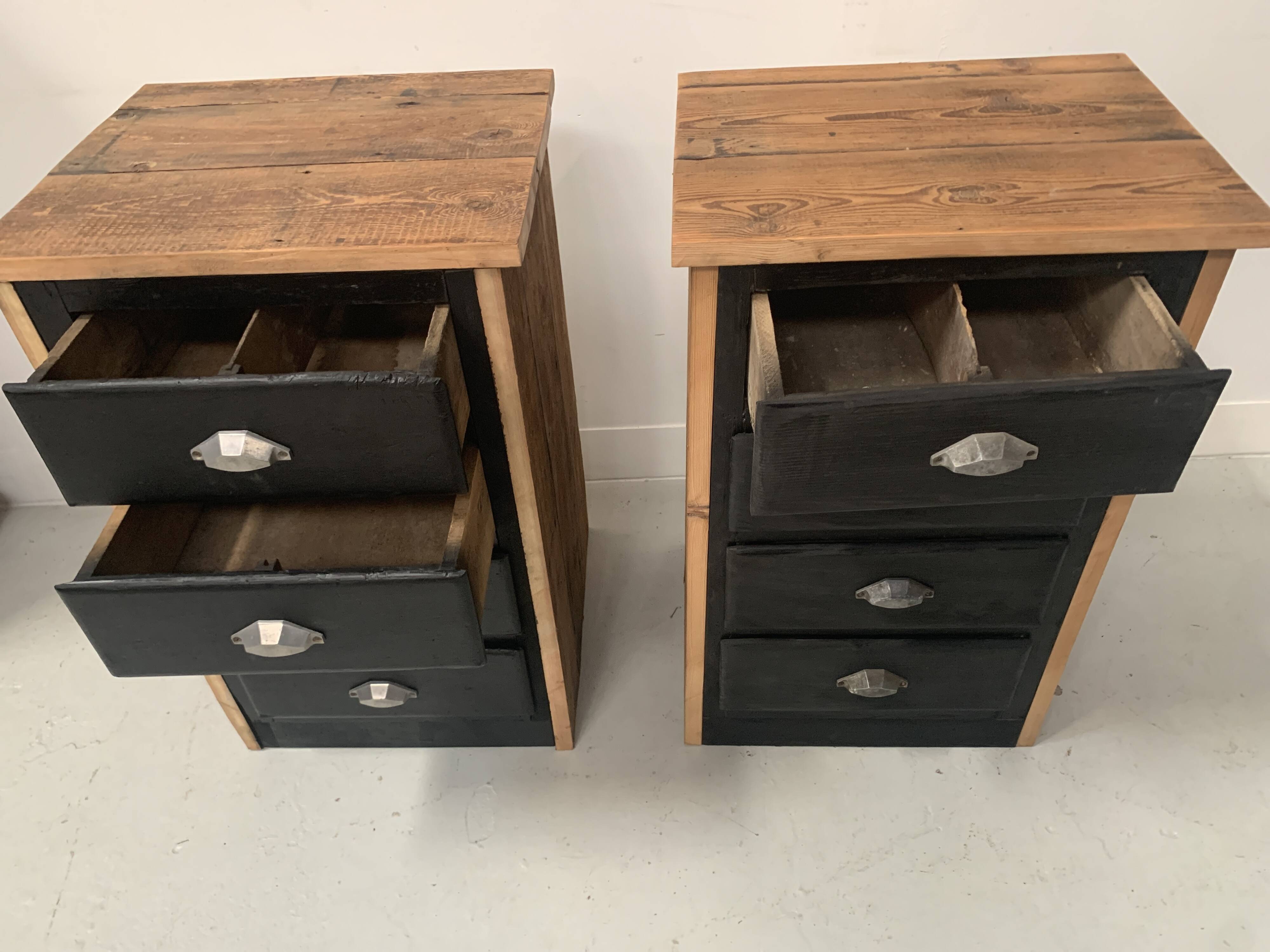 Pair of small brutalist chests of drawers in patinated fir, 20th century.