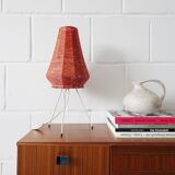 Table lamp with raffia shade on a tripod frame, mid-century lighting