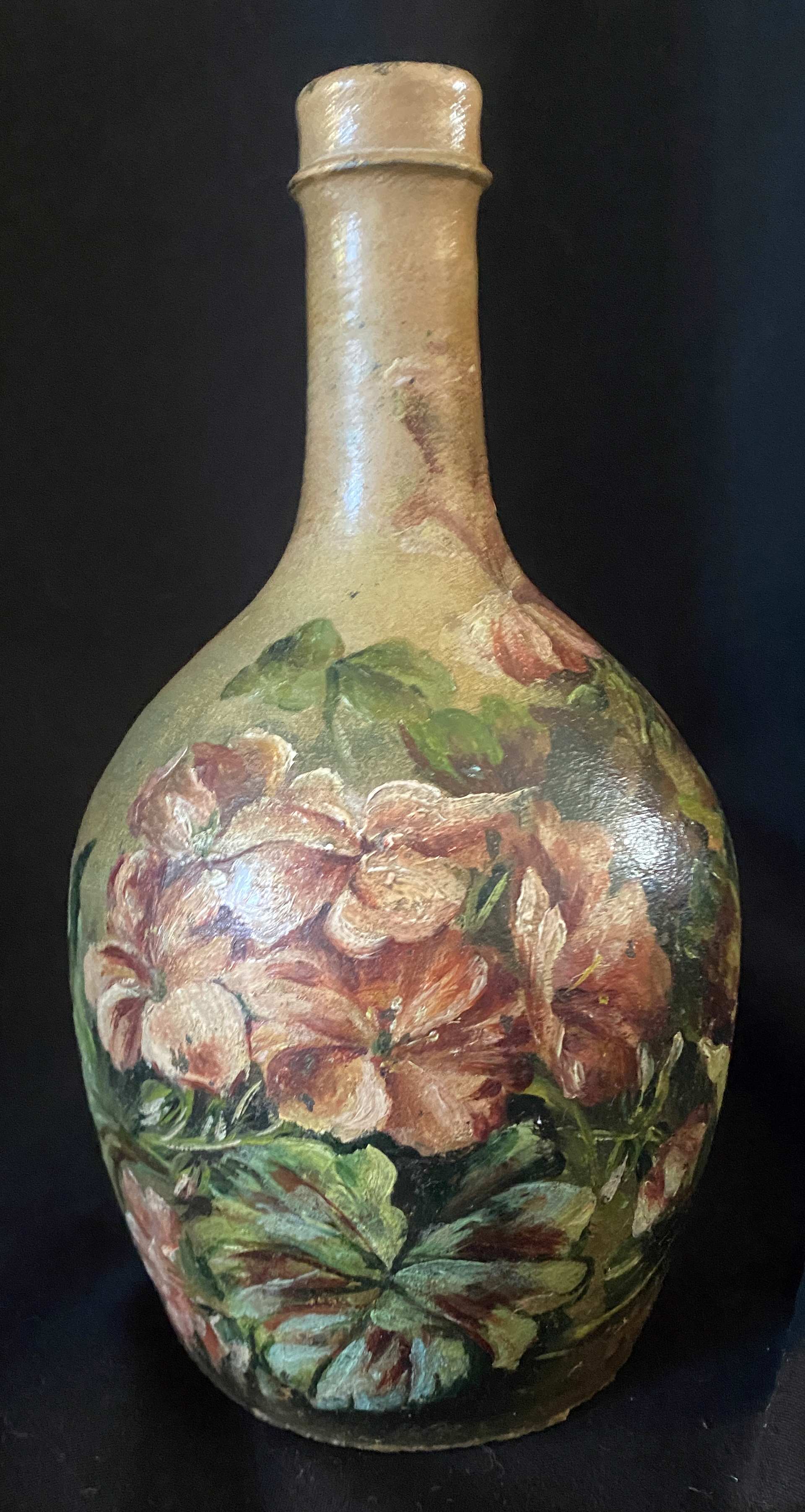 Beautiful bottle A ancient sandstone painted with floral motifs Folk art Puisaye