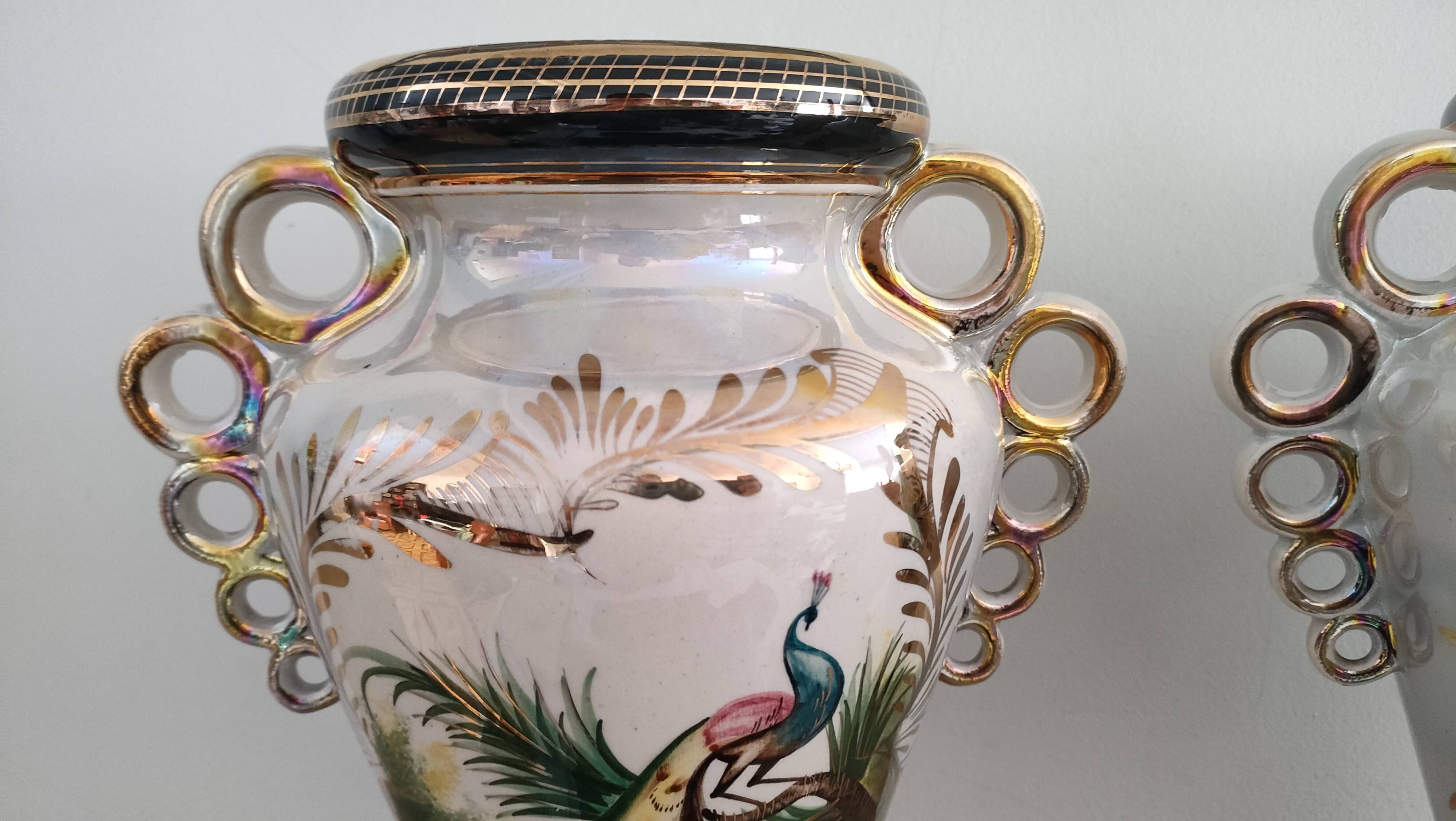 Pair of peacock vases by Hubert Bequet - Pearly ceramic - Belgium - 60s