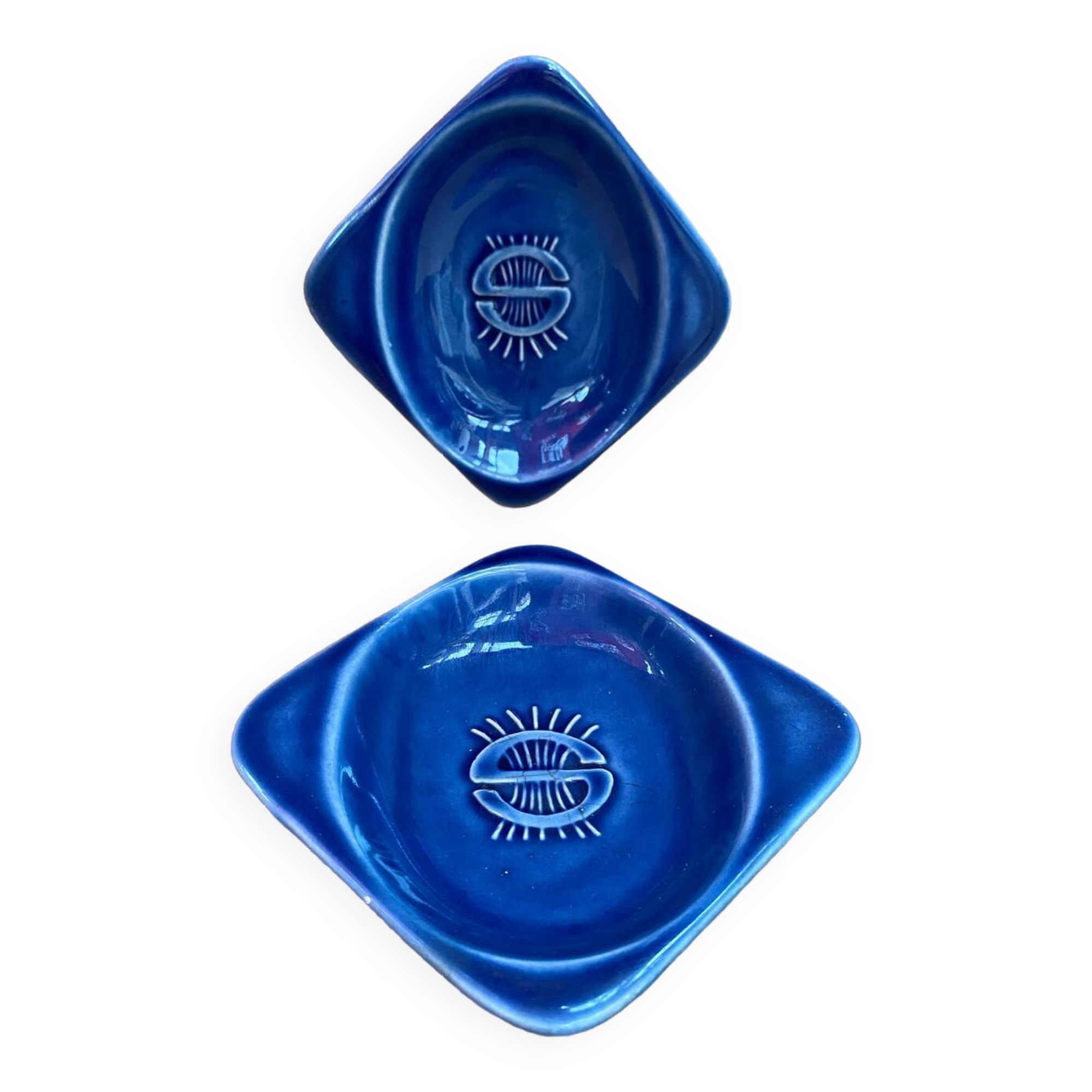 Paire ancien vide poche cendrier céramique bleu décoration vintage