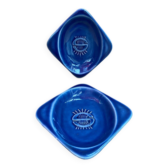 Pair antique ashtray ceramic blue vintage decoration