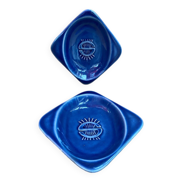 Paire ancien vide poche cendrier céramique bleu décoration vintage