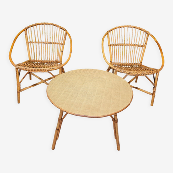 Ensemble salon jardin en rotin bambou vintage 1960