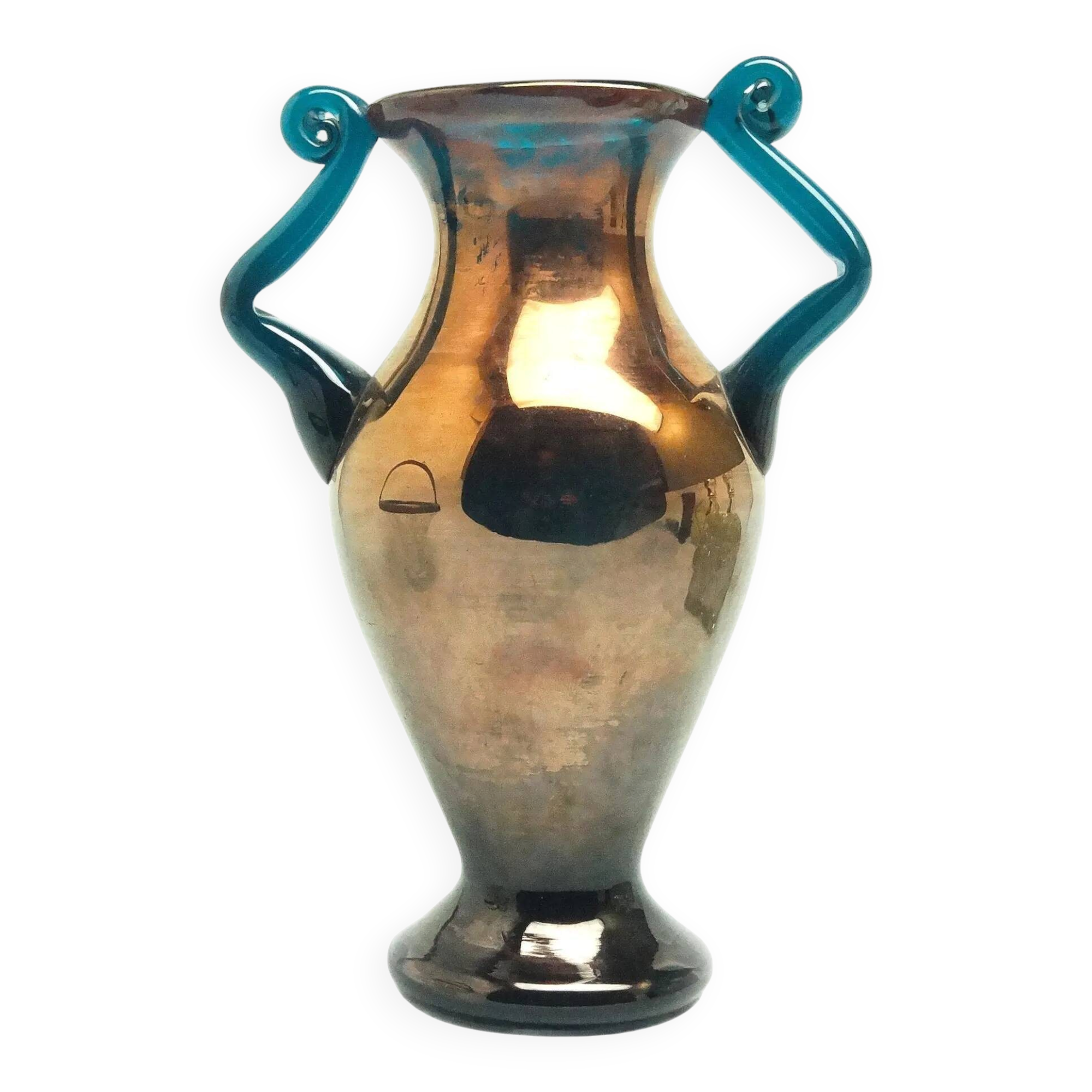Postmodern vase, copper and turquoise glass, Huta Hortensja, Poland, 1970s