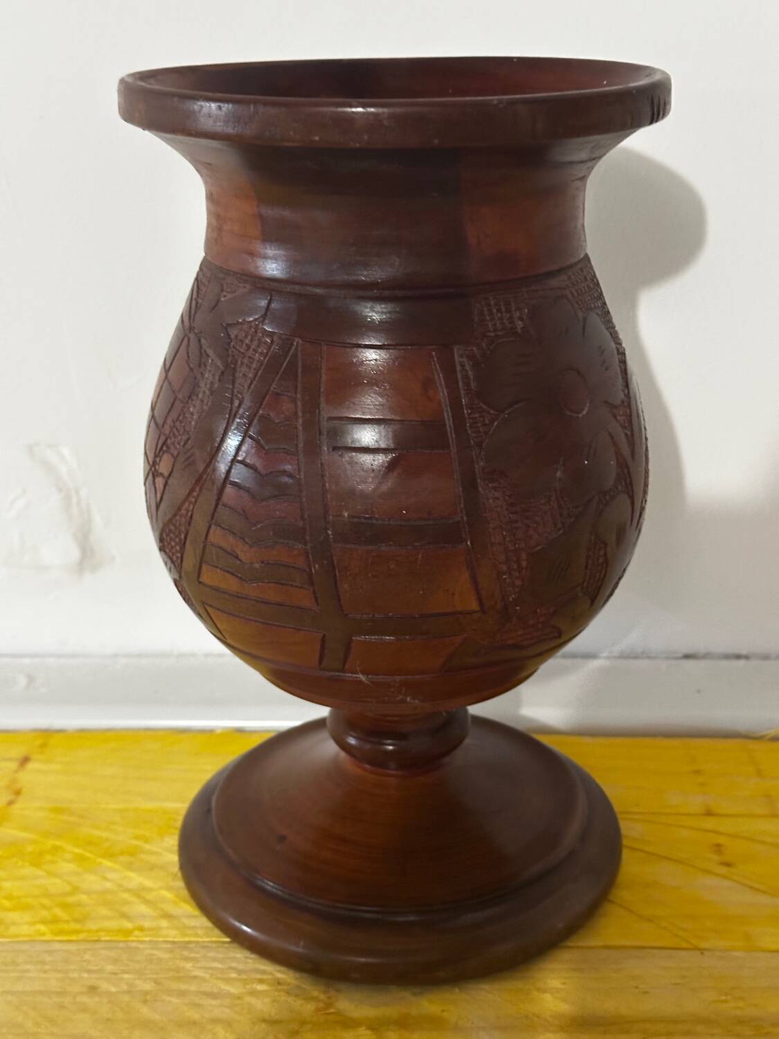 Vintage Turned and Carved Wooden Vase - Vine Decor H 28 cm
