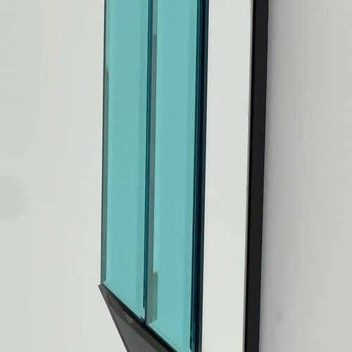 Postmodern geometric mirror with blue & dark gray smoked glass, 1980s