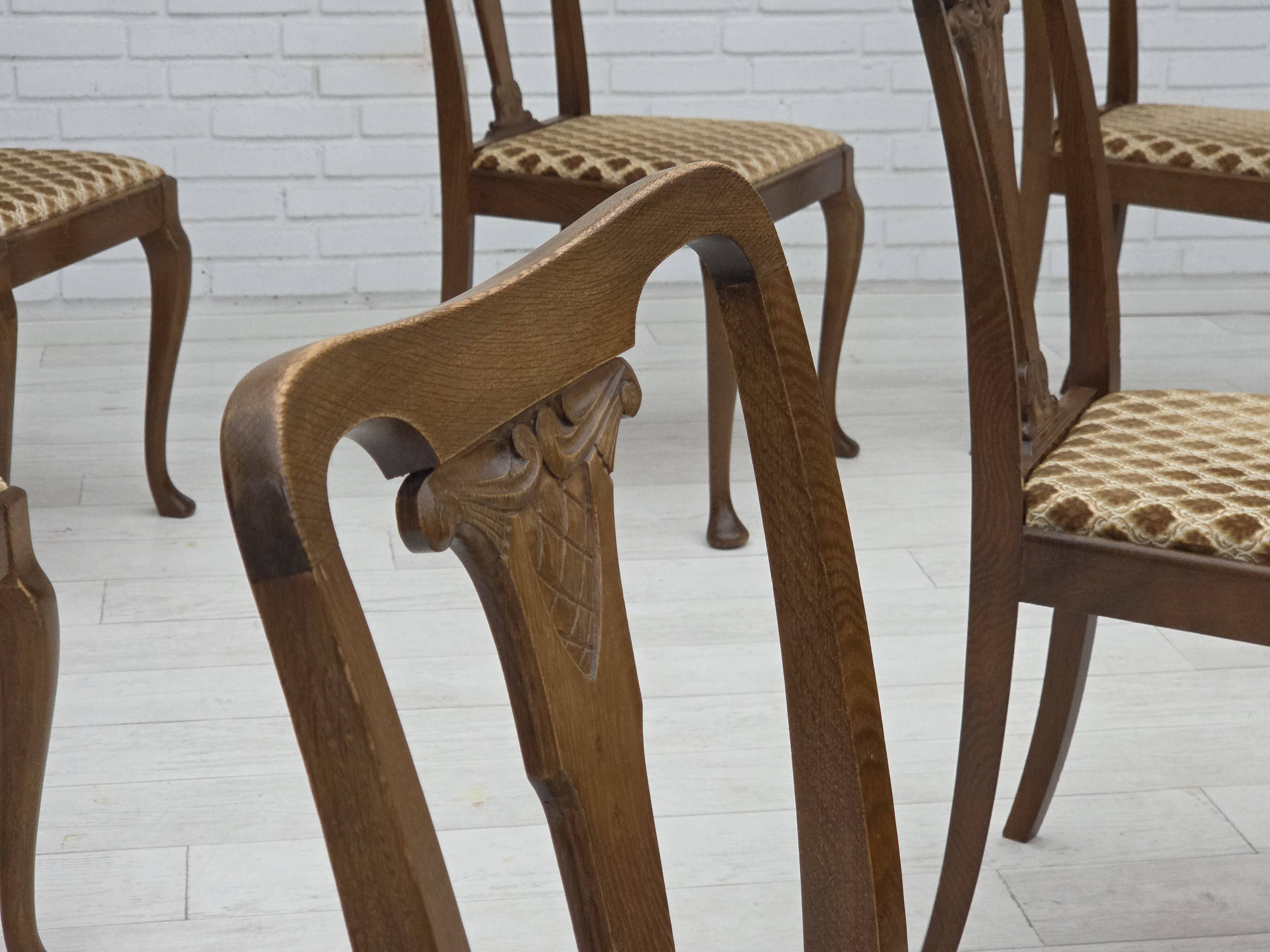 1930s, set of 6 Danish chairs, furniture velour, oak wood, reupholstered.