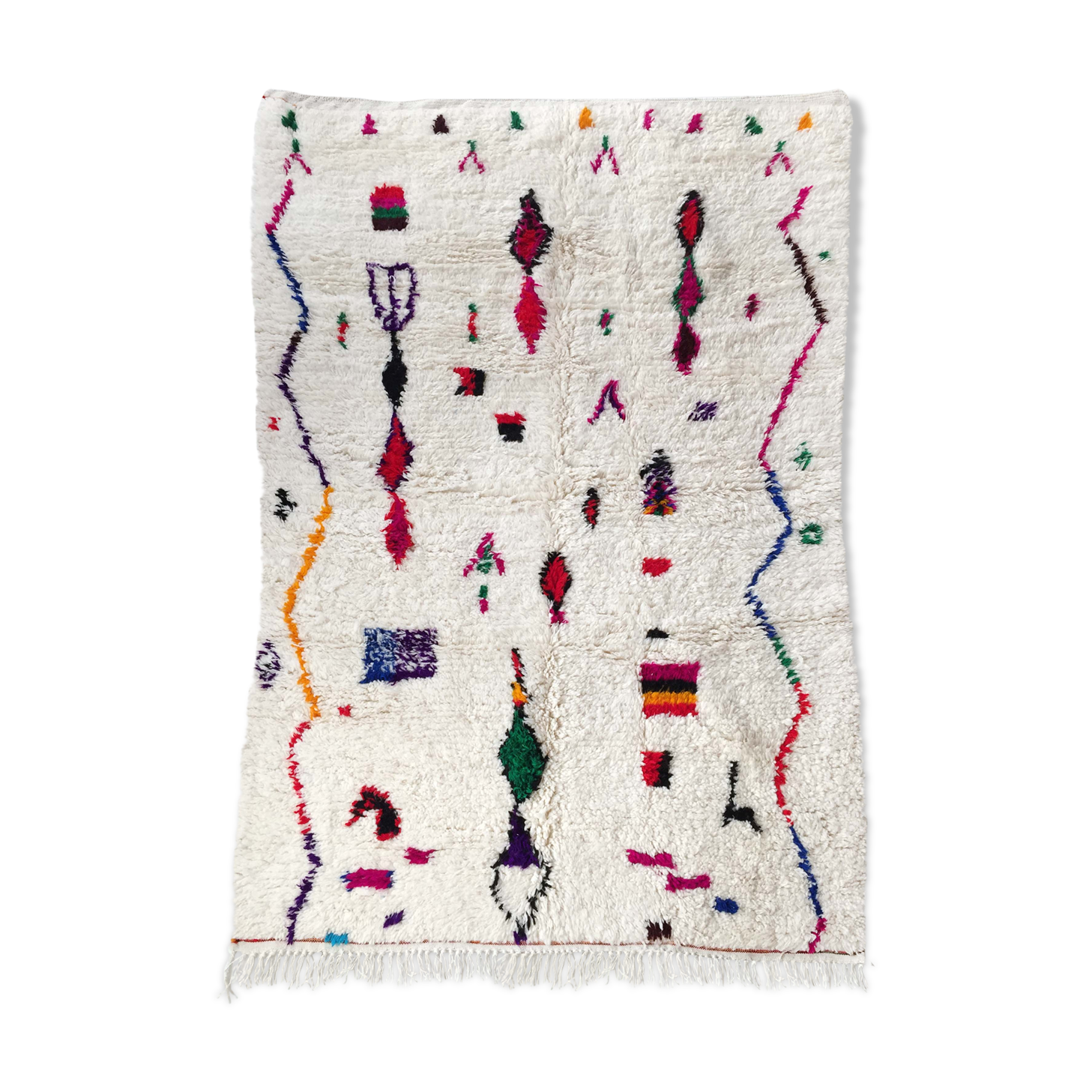 Moroccan Berber carpet Azilal unbleached with colored patterns 242x159cm