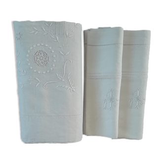 Old bride and groom sheet in white linen thread and 2 pillowcases Monogram JS