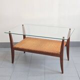 Table basse en rotin & hêtre 1960 vintage