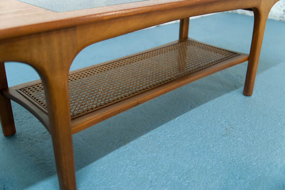 Cane, glass and teak coffee table