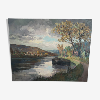 Tableau paysage ‘péniches sur le Rhône ‘