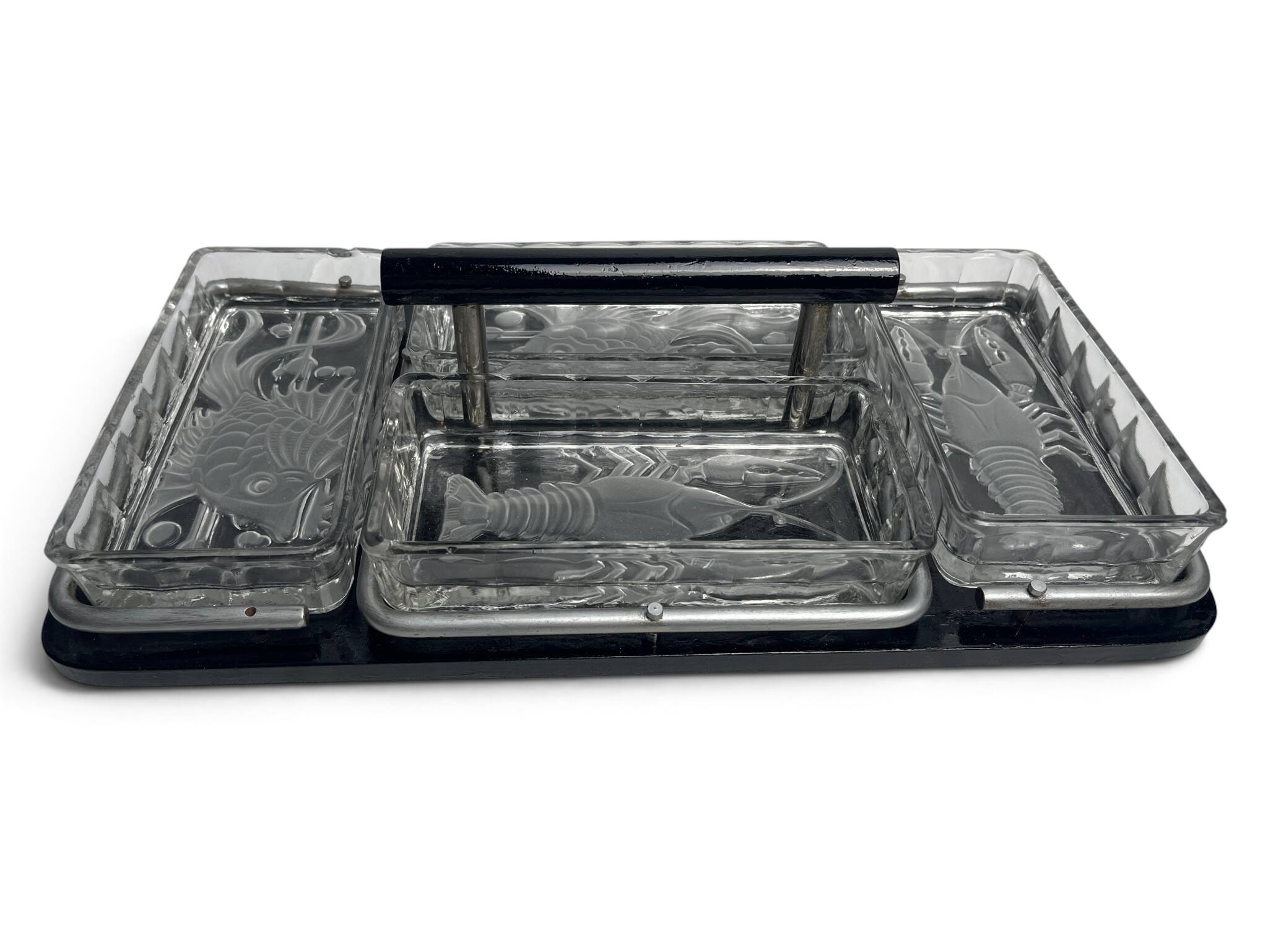 Art Deco, serving tray with glass ramekins for fish and shellfish from around 1940.