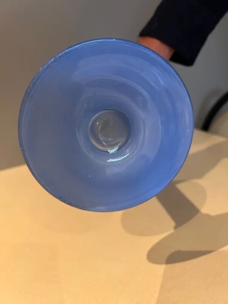 Frosted blue glass tulip vase on a stand. 90s.