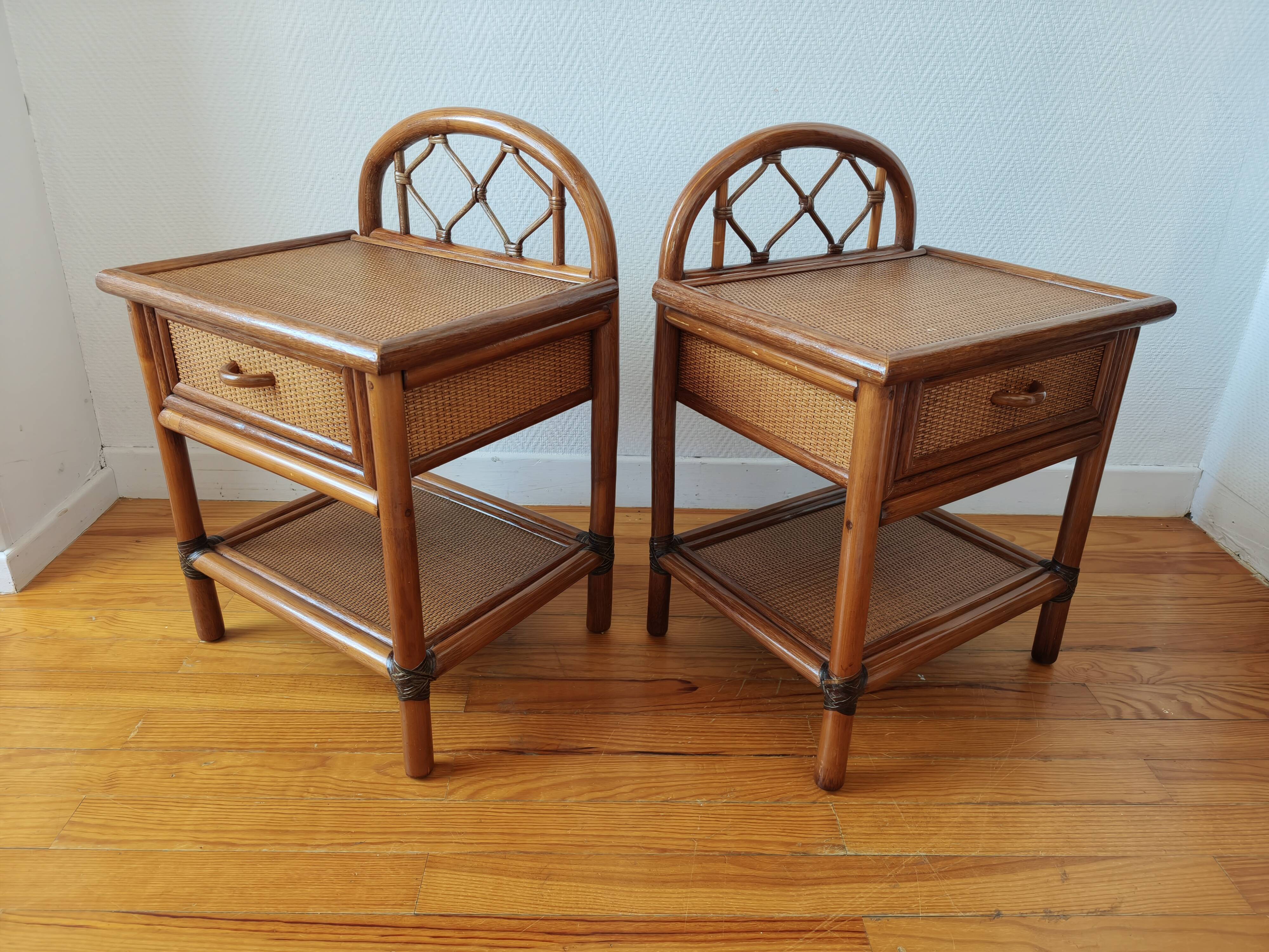 Pair of vintage rattan and cane bedside tables, 1970s
