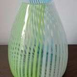 Blown glass vase with opal glass threads