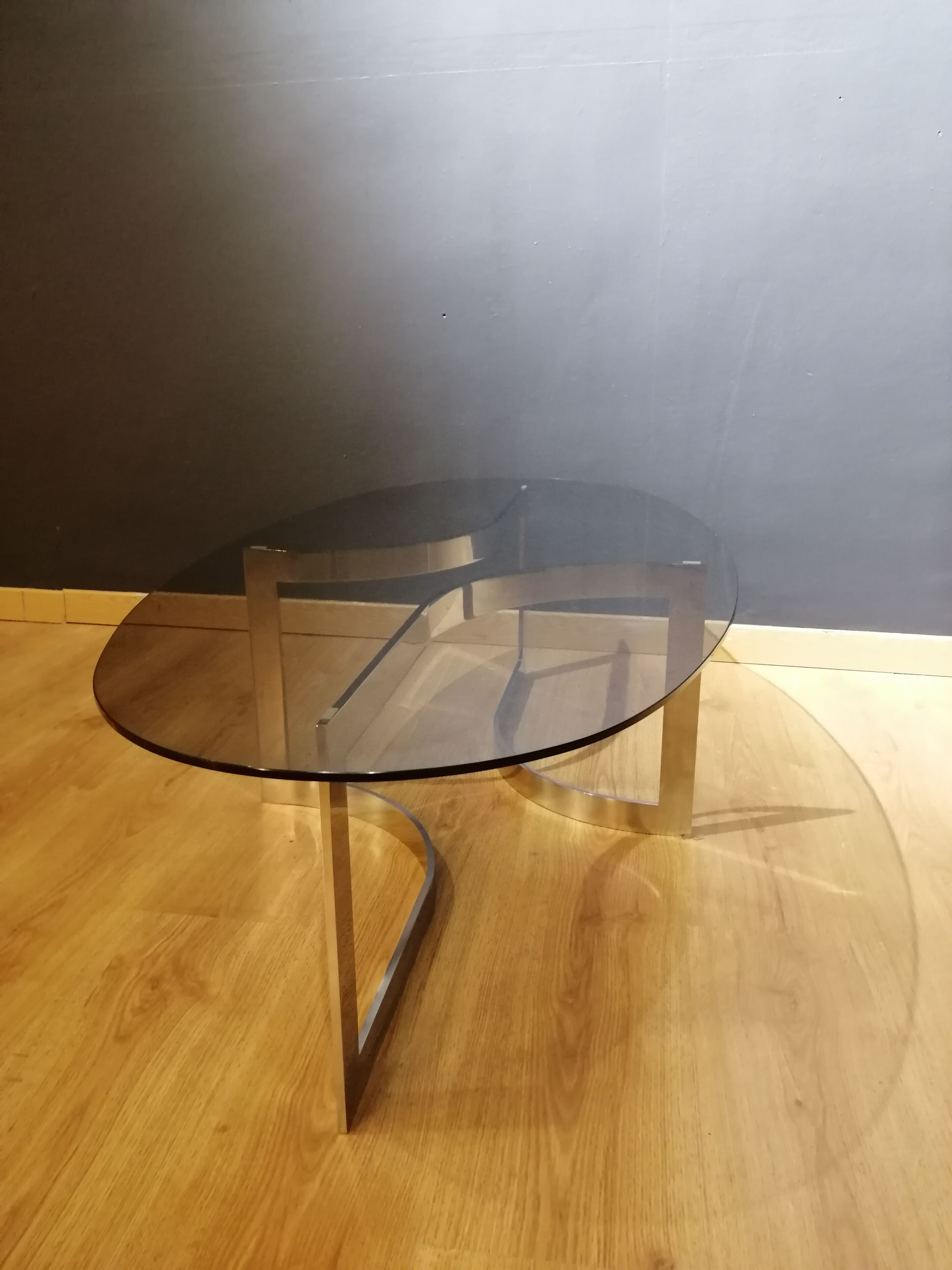 Coffee table in smoked glass and chrome by designer Paul Legeard, 70s