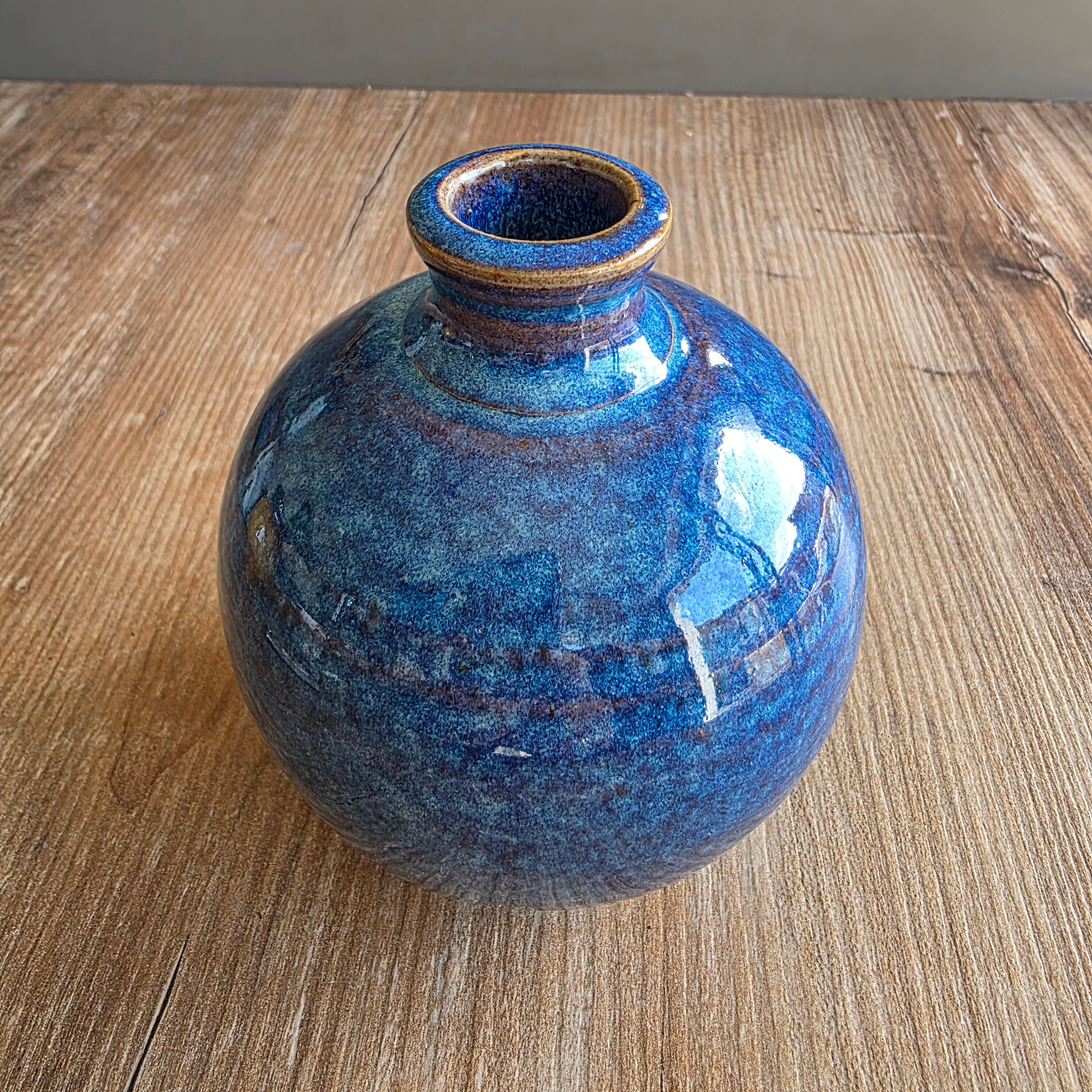 Vintage Glazed Stoneware Ball Vase - Deep Variegated Blue - Signed