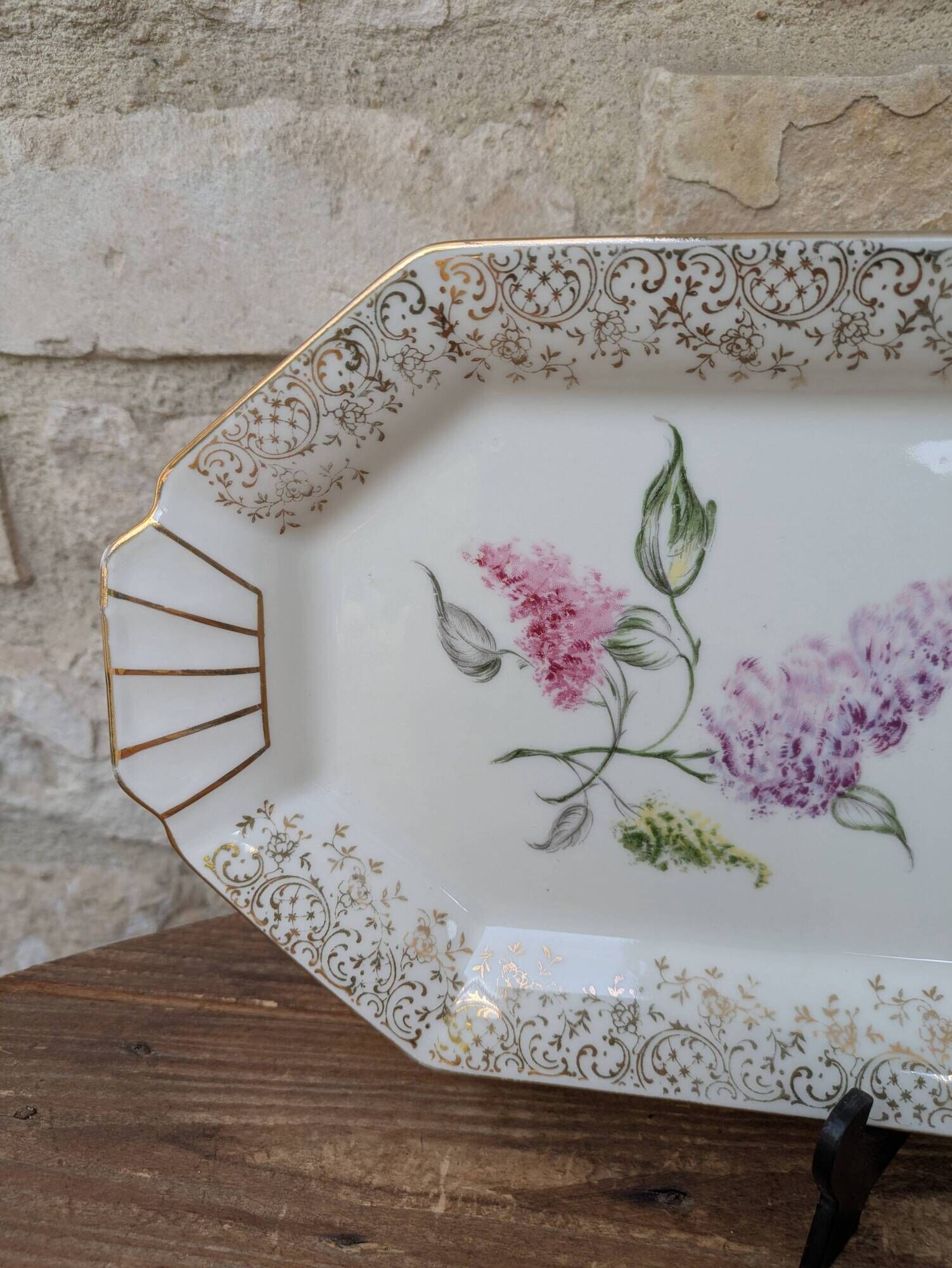Limoges enamel porcelain cake dish LF with lilac flower decoration.
