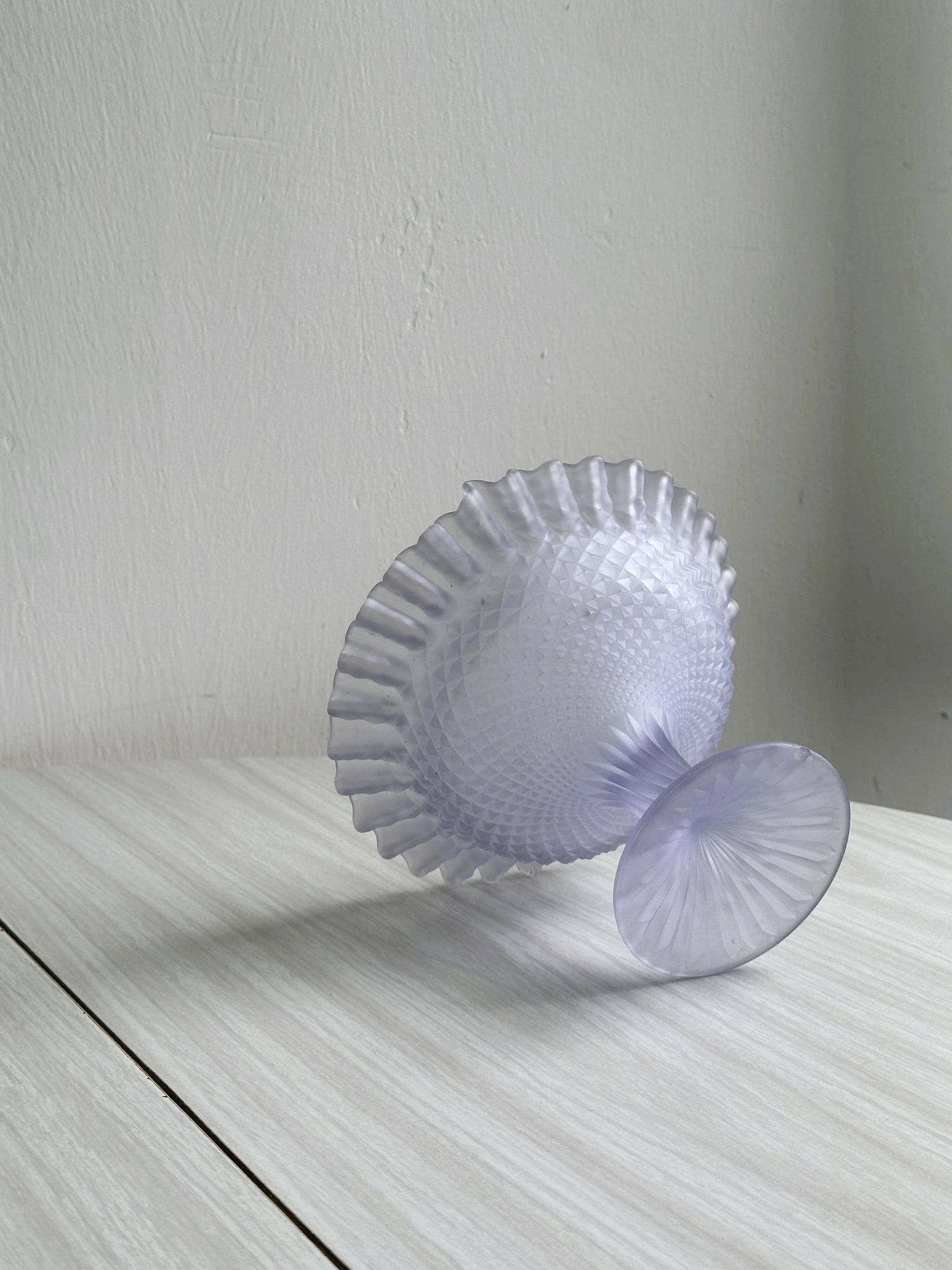 Purple glass pedestal bowl with wavy border and relief pattern.