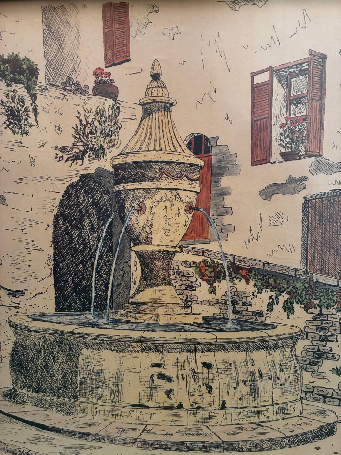 Painting Saint Paul de Vence, the old fountain, 20th century