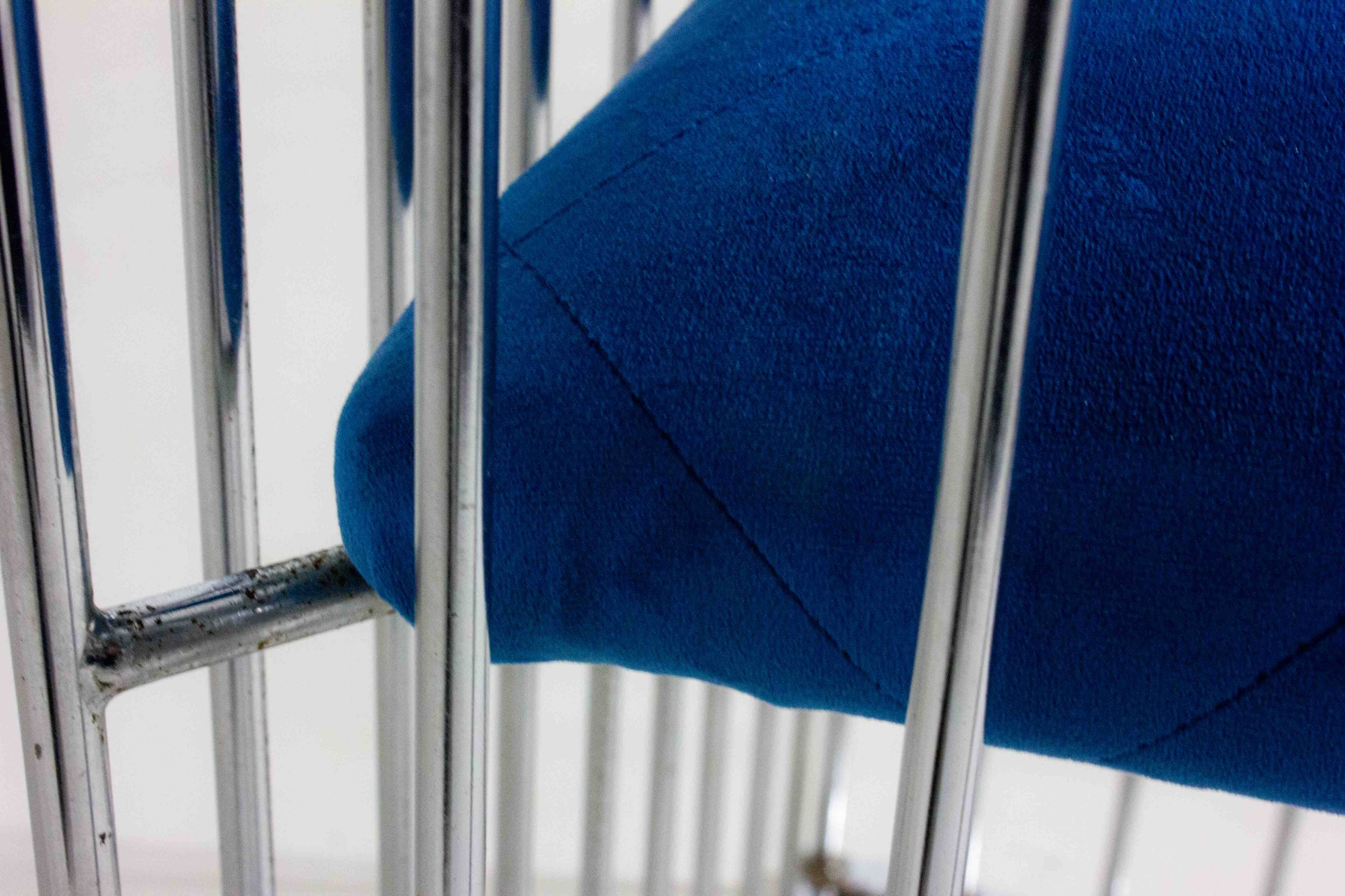 Set of four Italian modernist chrome chairs with royal blue velvet, 1970s