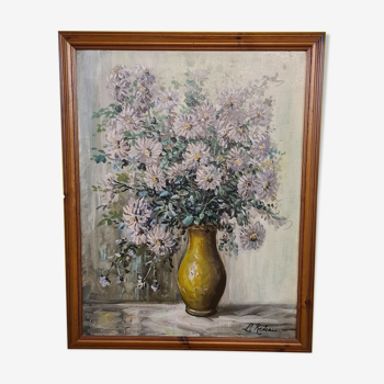 Old flower still life with asters signed l. redeau, mid 20th century.