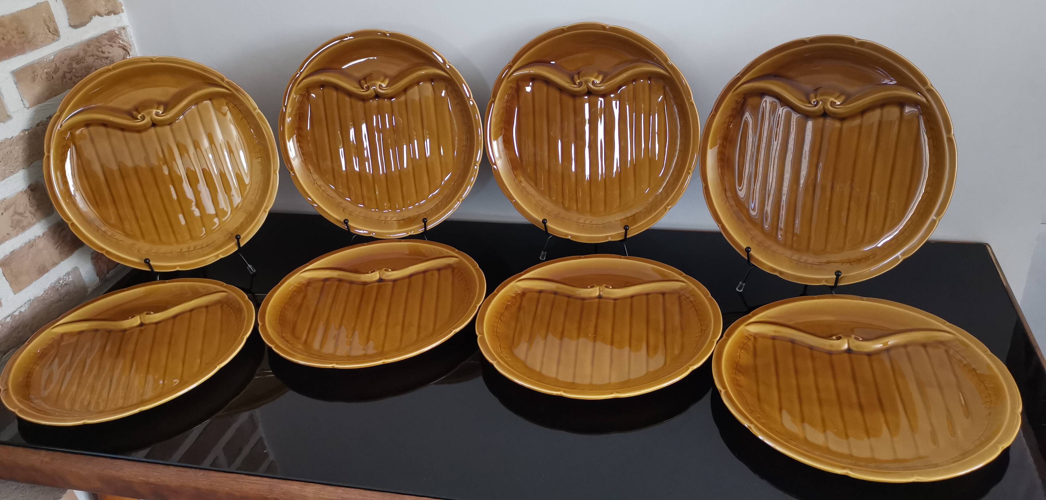 8 vintage Gien France asparagus plates in glazed brown slip