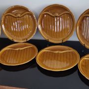 8 vintage Gien France asparagus plates in glazed brown slip