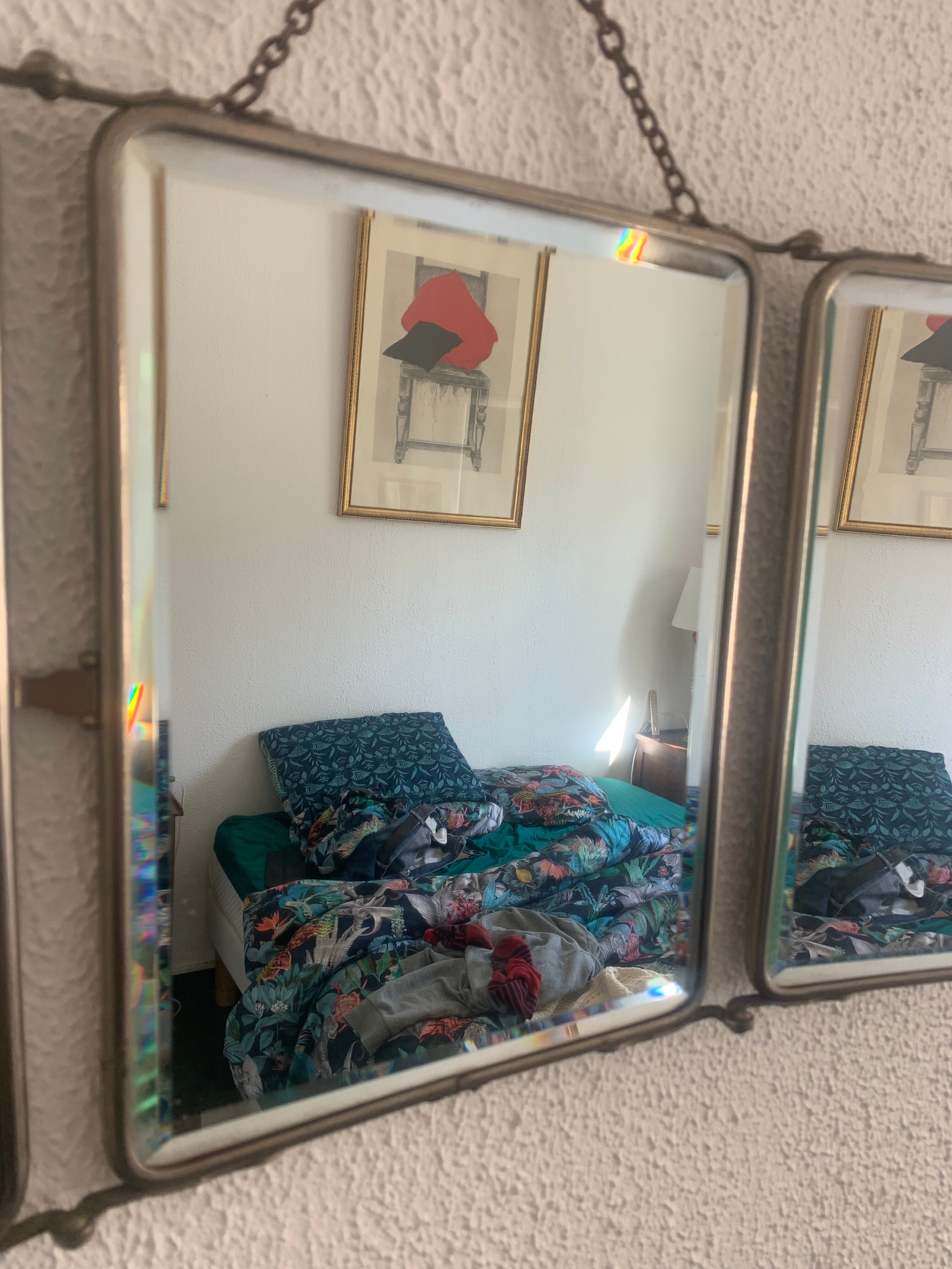 Vintage mirror 1930 triptych beveled barber Art Deco fabric - 28 x 68 cm