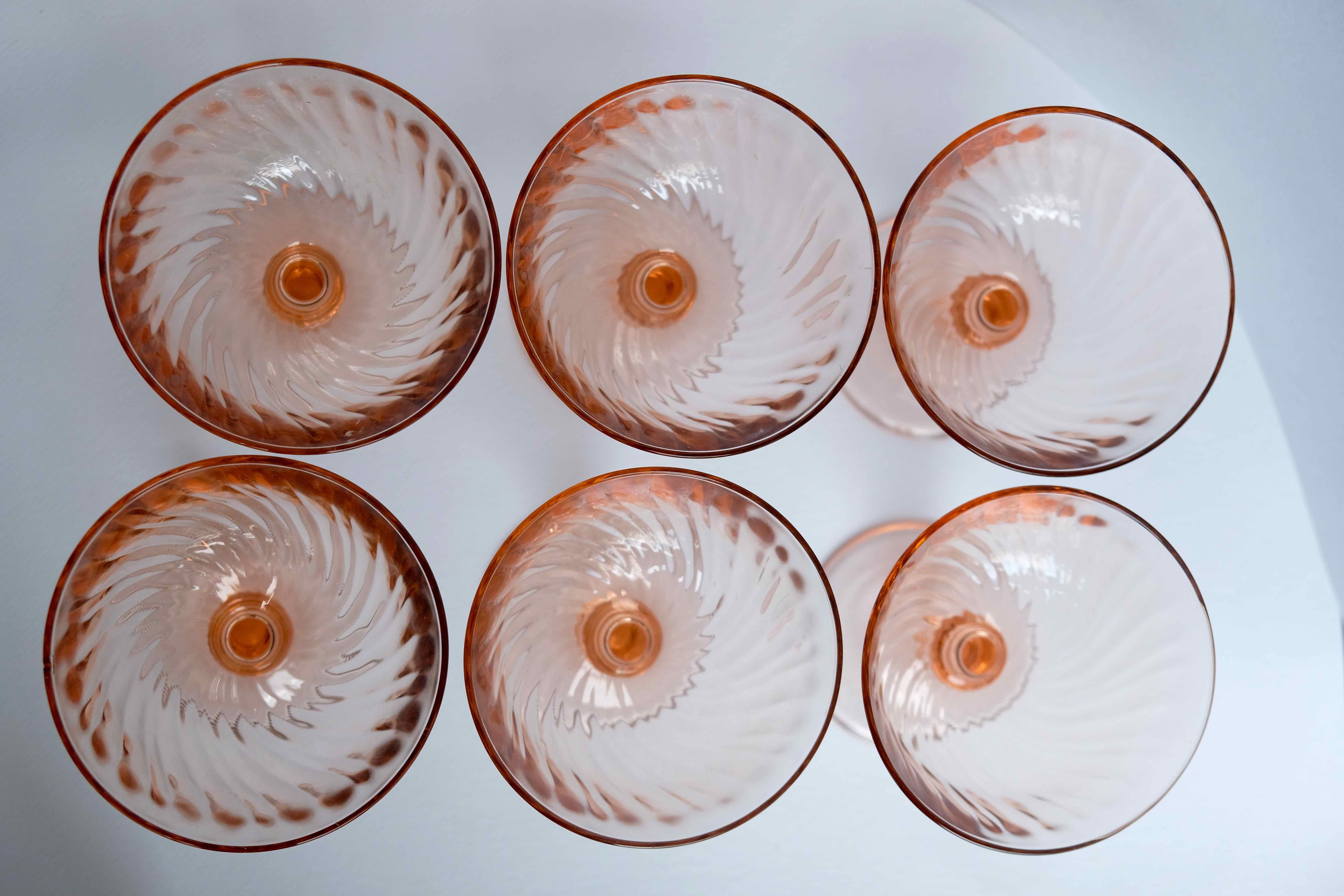 Set of 6 cups champagne rose vintage Rosaline pink swirl glass Arcoroc Luminarc France