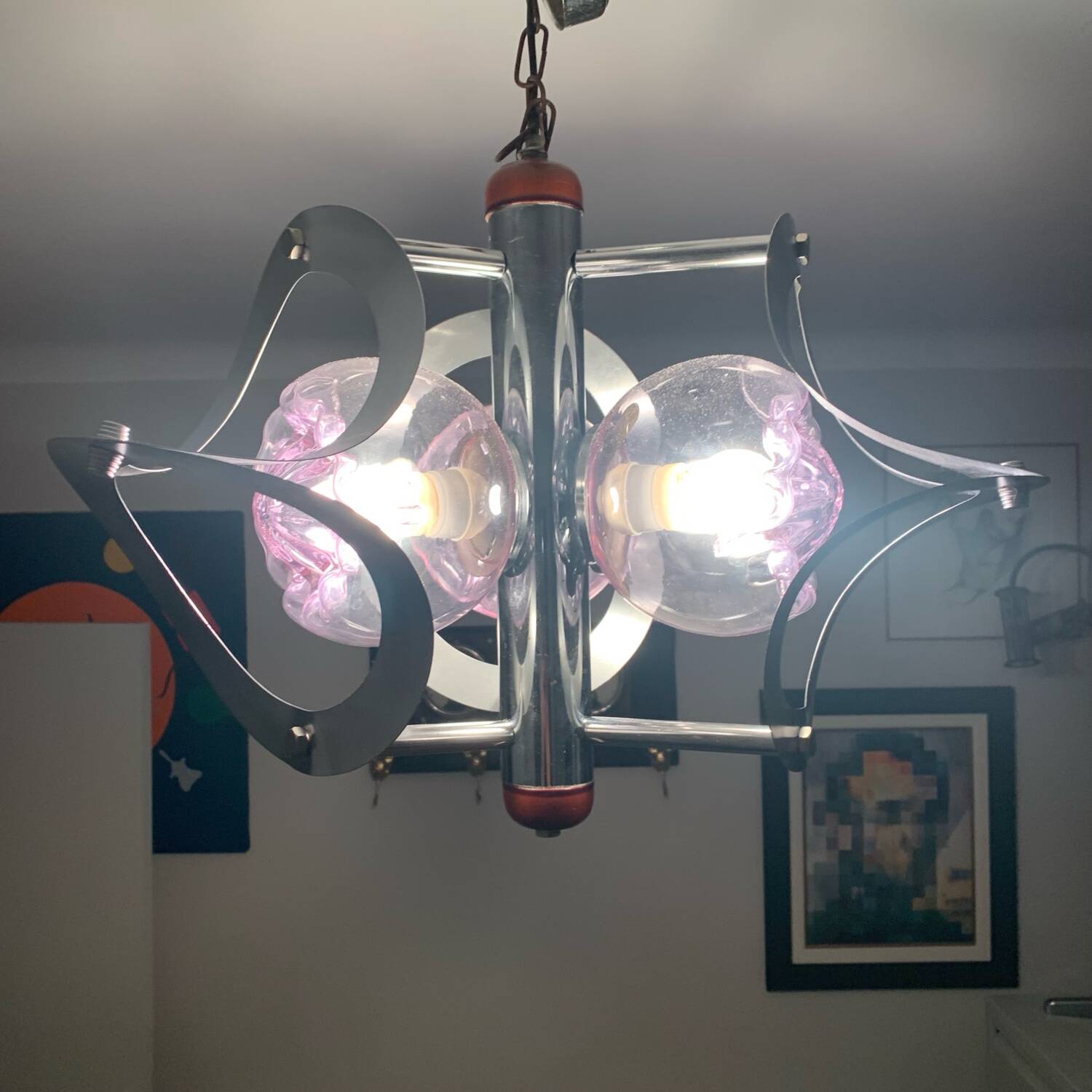 Mazzega Chandelier 3 Lights Globes Murano Mauves Space Age 70's Chrome