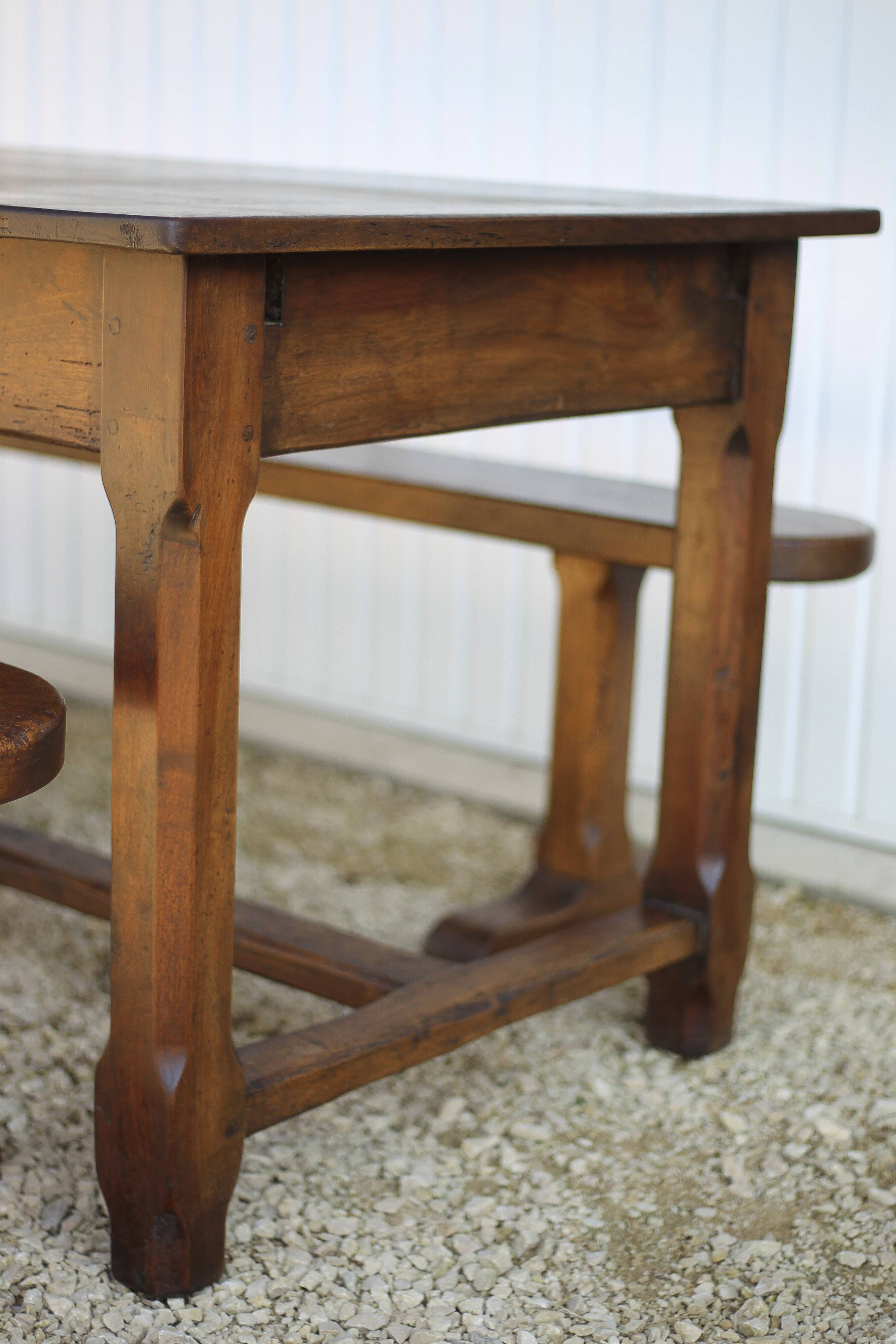 Farmhouse table and two benches, antique wooden farmhouse table, living room furniture, country style, chalet style, decor