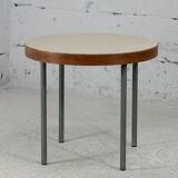 Side table tubular steel base, round top strapping wood, France, circa 1950