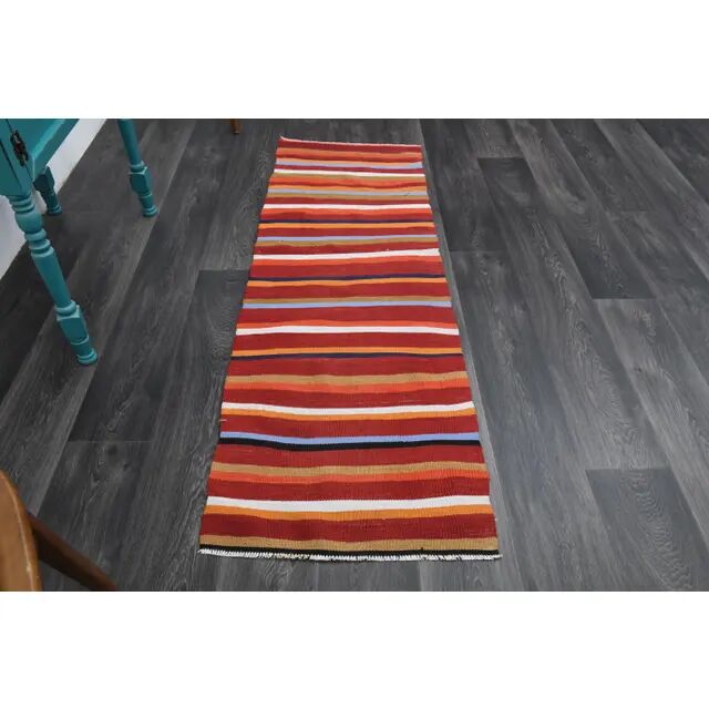 1970s Turkish Hand-Knotted Wool Cotton Red Kilim Runner Rug  62x183
