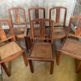 Set of 6 old chairs in carved wood and cane