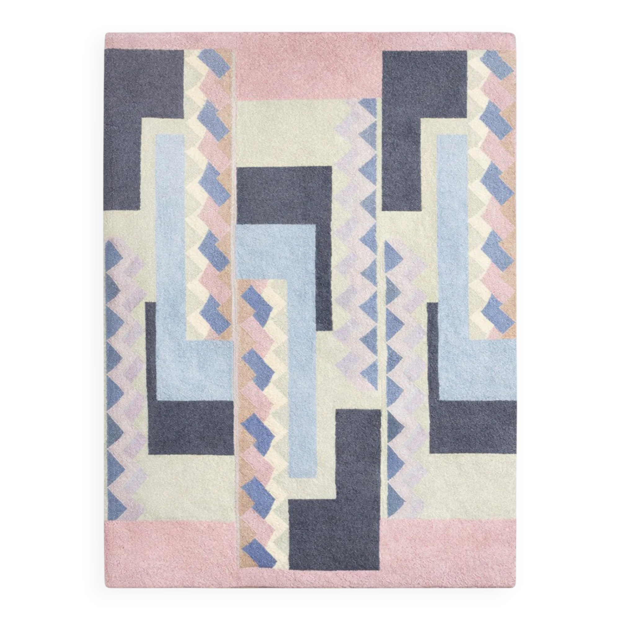 Hand-knotted wool rug by Tisca with a geometric pattern, signed "ILES", France, 1990s.