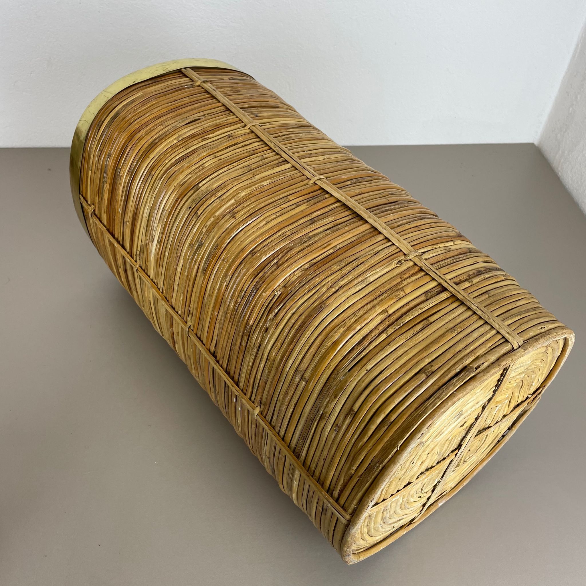 Mid-century rattan and brass bauhaus waste paper bin, france, 1960s