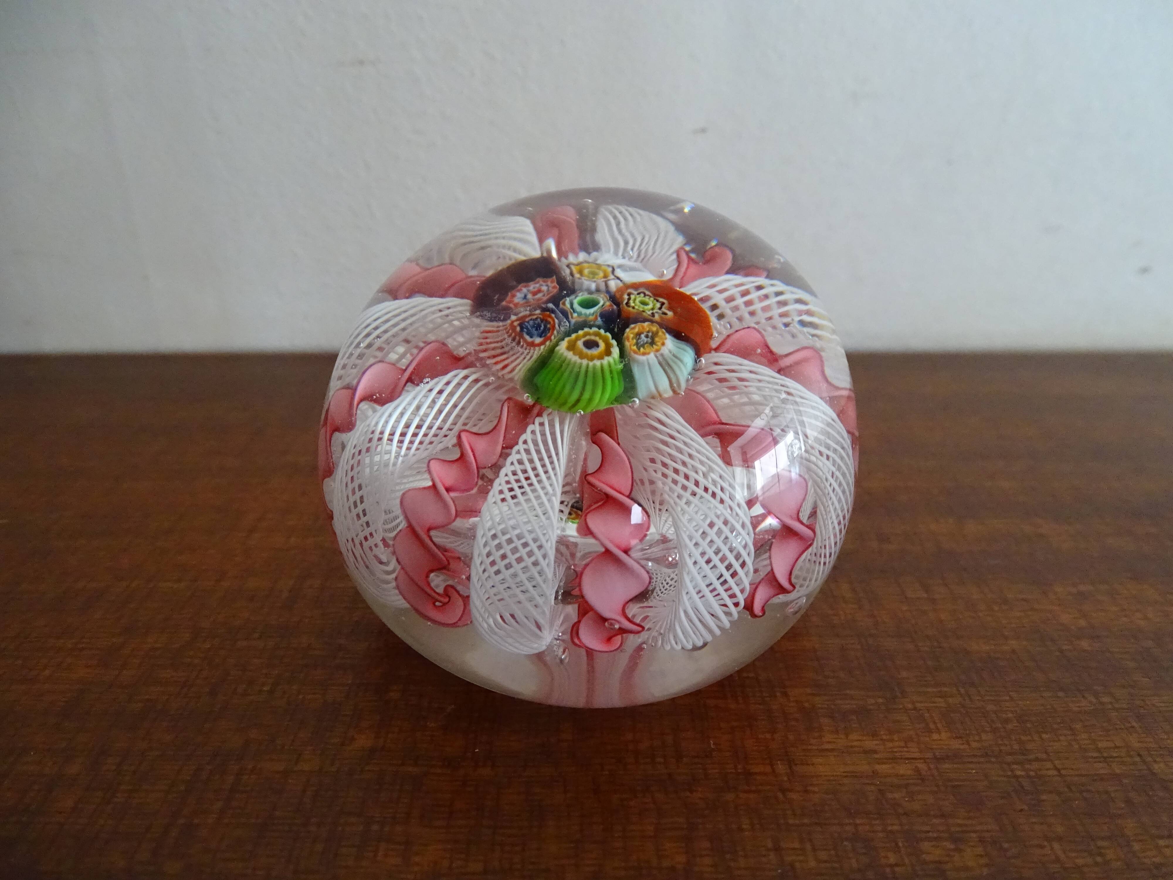 Murano paperweight millefiori and latticino twisted ribbons