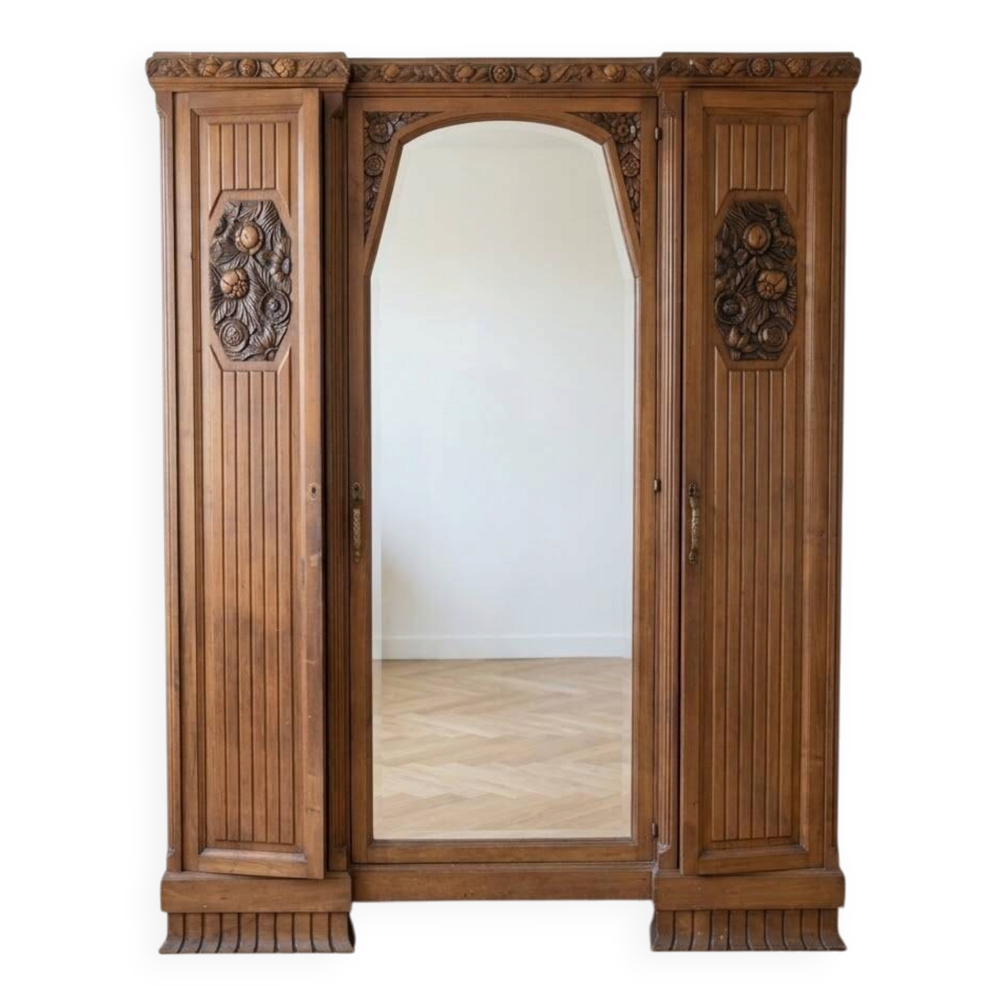 Art Deco wardrobe in solid wood with mirror